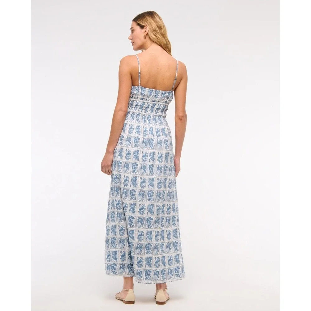 Abercrombie & Fitch Blue White Tile Print Smocked Maxi Dress Small